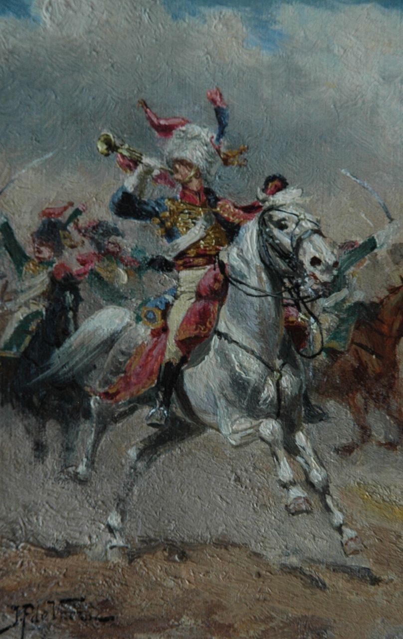 Veer J.P. de | Justus Pieter de Veer, Rode huzaren te paard, olieverf op papier 14,4 x 9,8 cm, gesigneerd linksonder