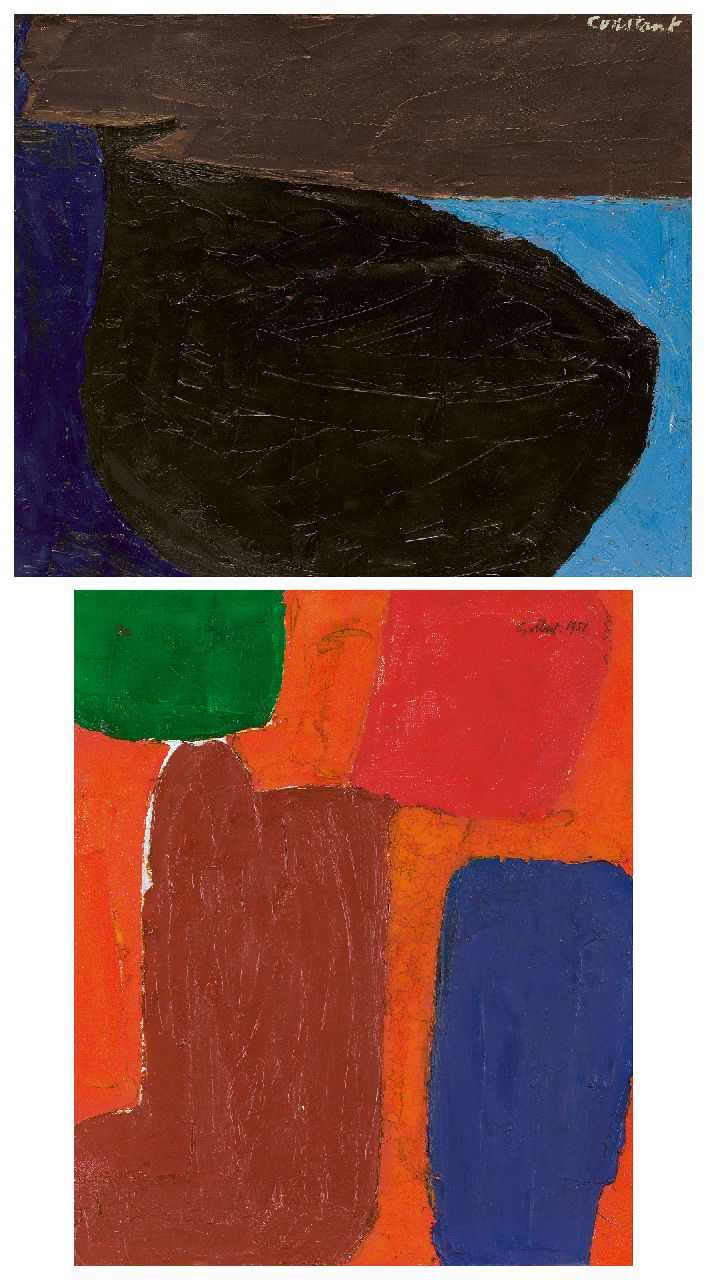 Constant (Constant Anton Nieuwenhuijs)   | Constant (Constant Anton Nieuwenhuijs) | Schilderijen te koop aangeboden | Zonder titel, olieverf op doek 46,2 x 55,0 cm, gesigneerd rechtsboven/spier; 'Constant'; verso rechtsboven 'Gilbert 1951' en verso gedateerd 1951