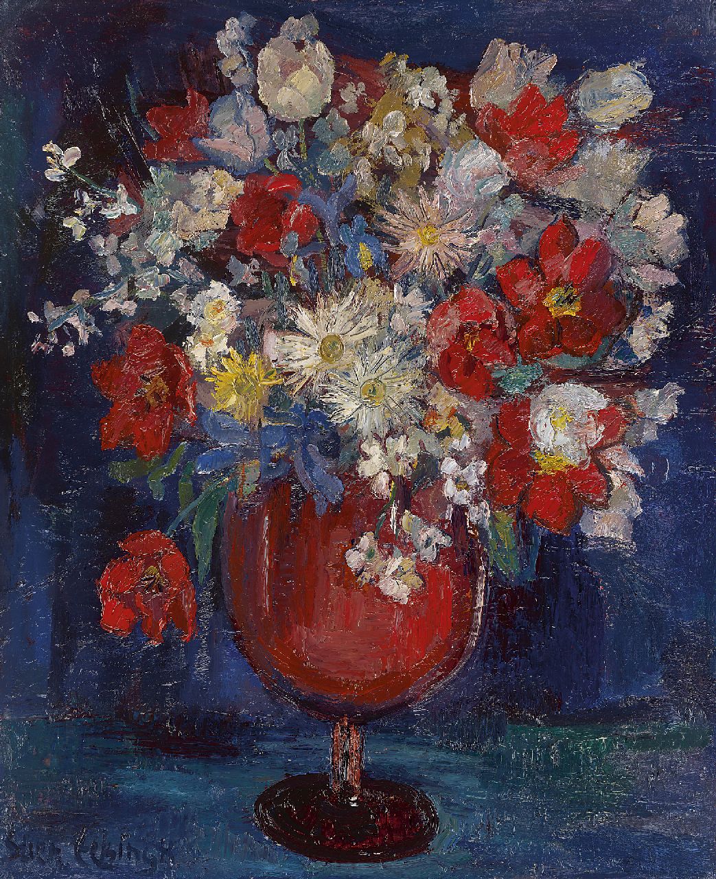 Eelsingh C.  | Christiana 'Stien' Eelsingh, Boeket bloemen in een rode vaas, olieverf op doek 74,7 x 61,9 cm, gesigneerd linksonder en te dateren jaren '50