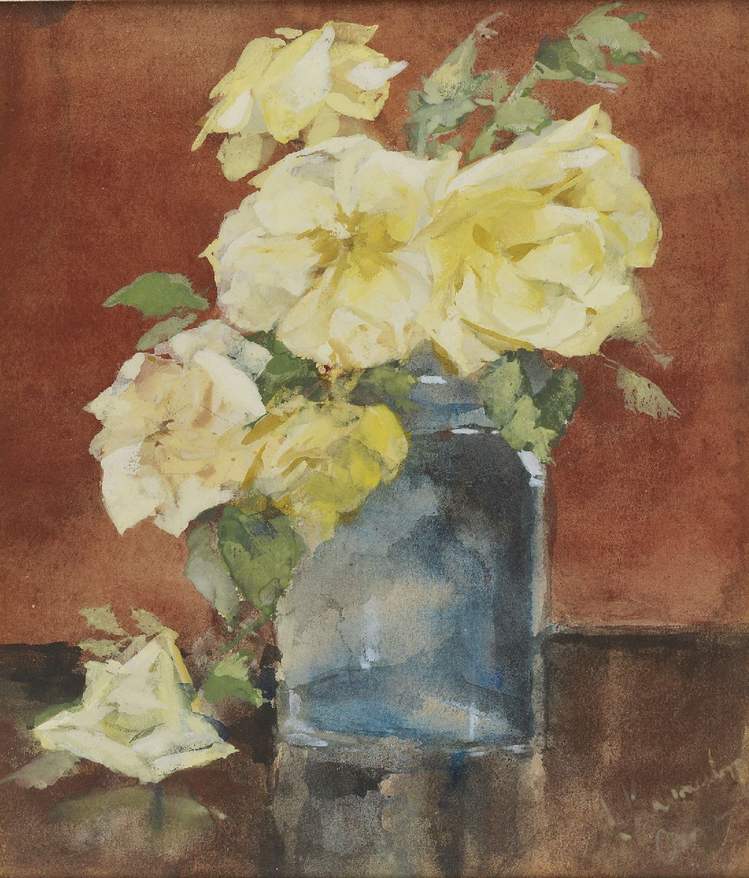 Kamerlingh Onnes M.  | Menso Kamerlingh Onnes, Glazen vaas met rozen, potlood en aquarel op papier 25,3 x 21,1 cm, gesigneerd rechtsonder en te dateren ca. 1885