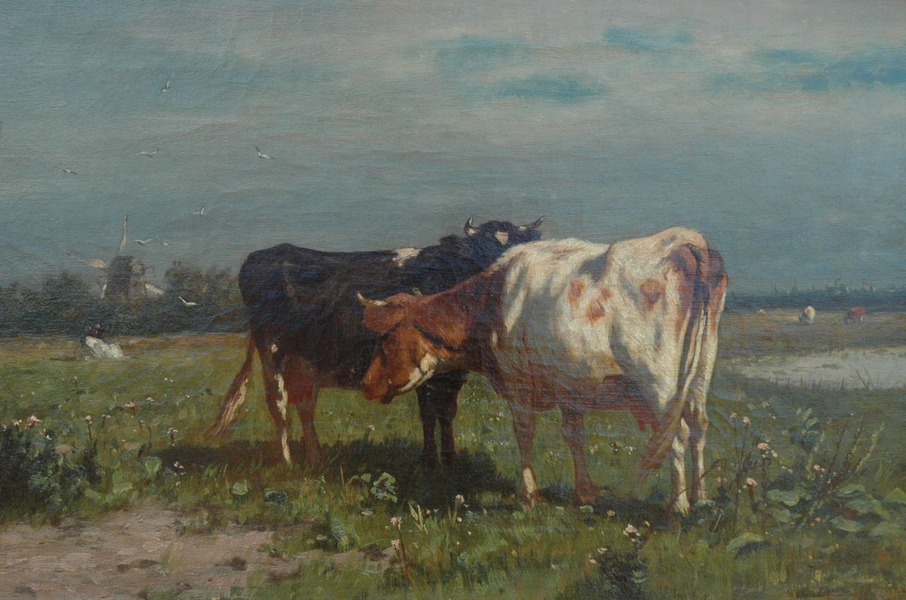 Haas J.H.L. de | Johannes Hubertus Leonardus de Haas, Twee koeien in een wei, olieverf op doek 30,3 x 45,6 cm