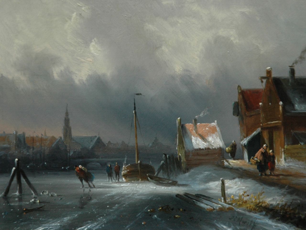 Morel II J.E.  | Jan Evert Morel II, Winters gezicht op een stadsgracht met schaatsers, olieverf op paneel 15,3 x 20,5 cm, gesigneerd rechtsonder