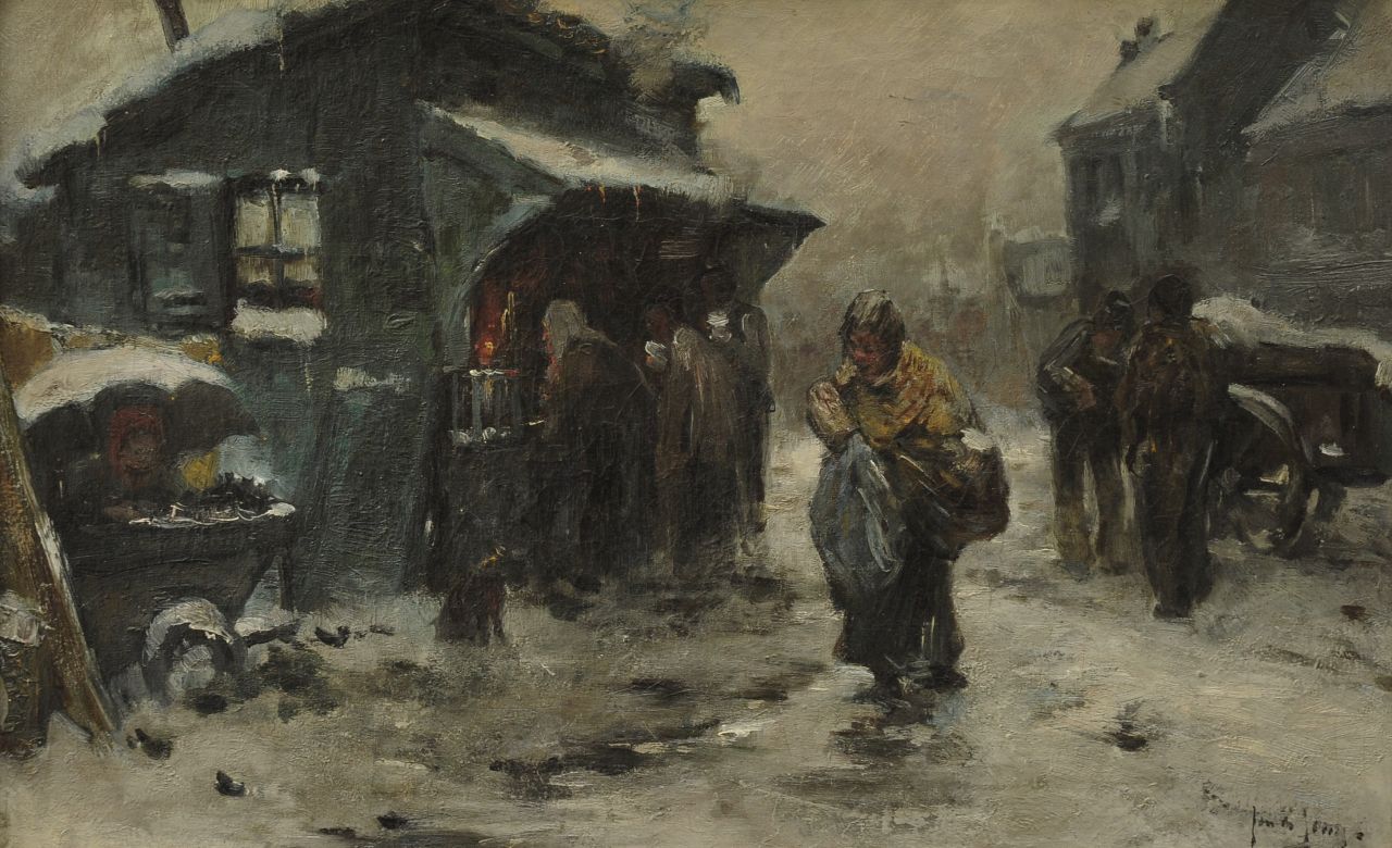 Jong J. de | Johannes 'Jan' de Jong, Dorpsstraat met kraampjes in de sneeuw, olieverf op doek 31,9 x 50,5 cm, gesigneerd rechtsonder