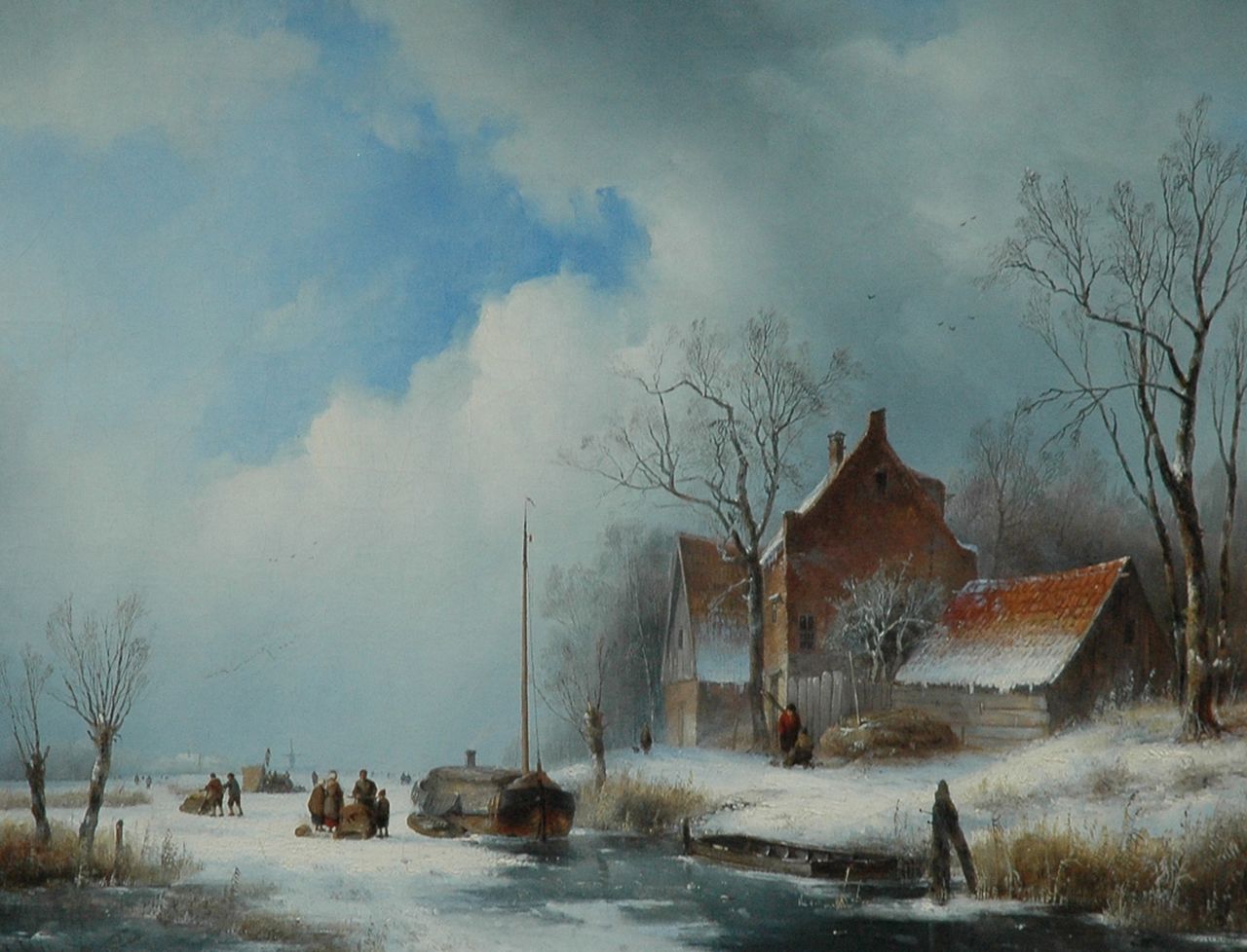 Spohler J.J.  | Jan Jacob Spohler, Boerenhoeve aan een bevroren vaart, olieverf op doek 53,8 x 68,8 cm, gesigneerd linksonder en gedateerd A: 1839