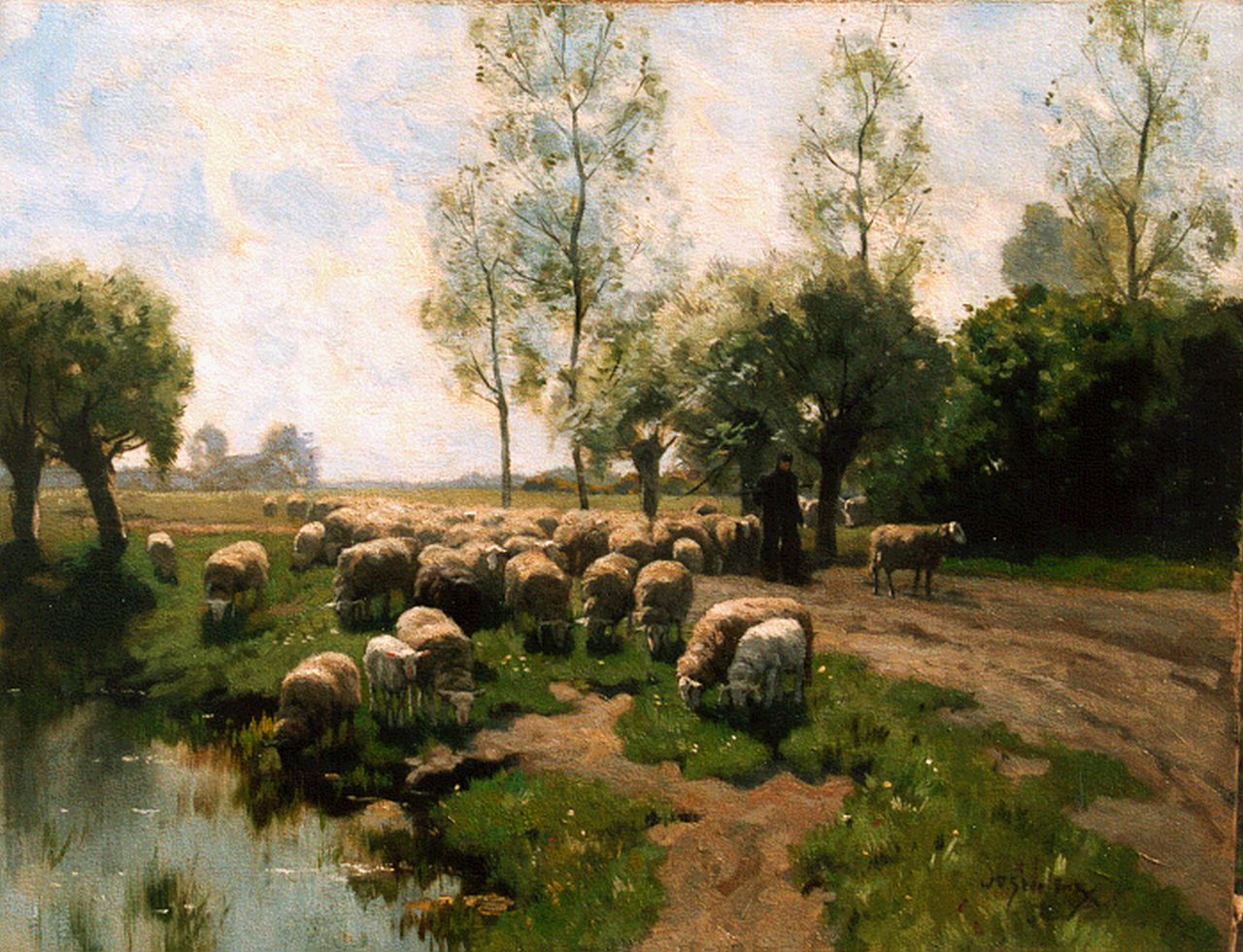 Steelink jr. W.  | Willem Steelink jr., Schaapherder met schapen op de weide, olieverf op doek 51,0 x 66,0 cm, gesigneerd rechtsonder