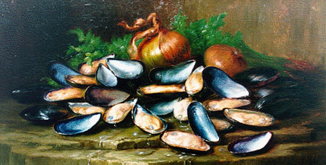 Ryswyck E. van | Edward van Ryswyck, Stilleven met mosselen en uien, olieverf op doek 28,5 x 52,3 cm, gesigneerd rechtsonder