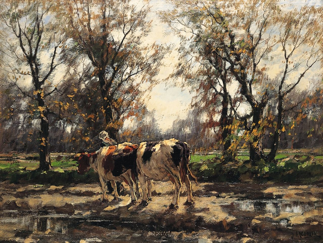Gorter A.M.  | 'Arnold' Marc Gorter, Melkmeisje met koeien na een herfstbui, olieverf op doek 75,0 x 100,5 cm, gesigneerd rechtsonder