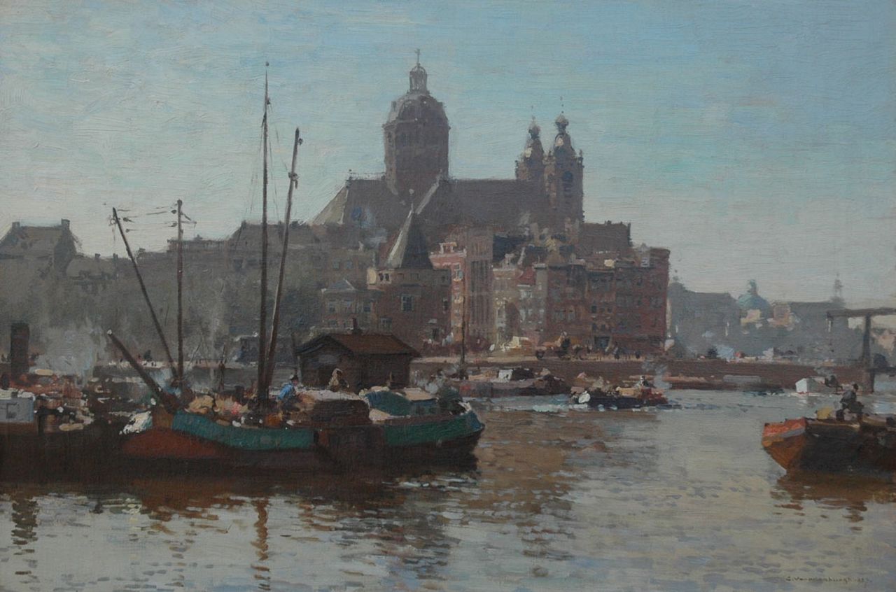 Vreedenburgh C.  | Cornelis Vreedenburgh, Het havenfront van Amsterdam met de St.-Nicolaaskerk, olieverf op doek 40,2 x 60,2 cm, gesigneerd rechtsonder en gedateerd 1927
