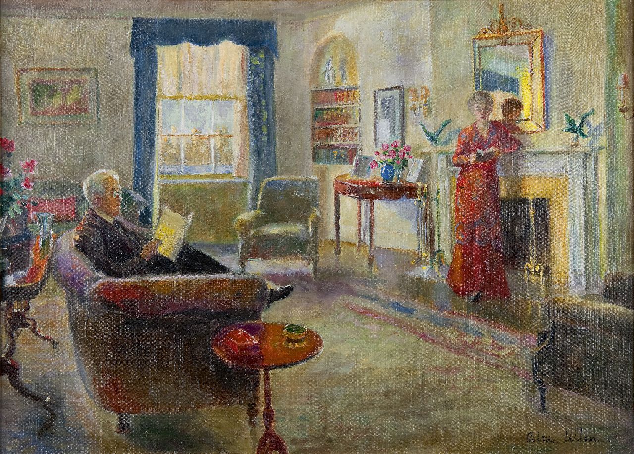 Wilson A.  | Ashton Wilson, Het leesuurtje; politicus John Davis en zijn vrouw Julia MacDonald., olieverf op doek 51,0 x 71,4 cm, gesigneerd rechtsonder
