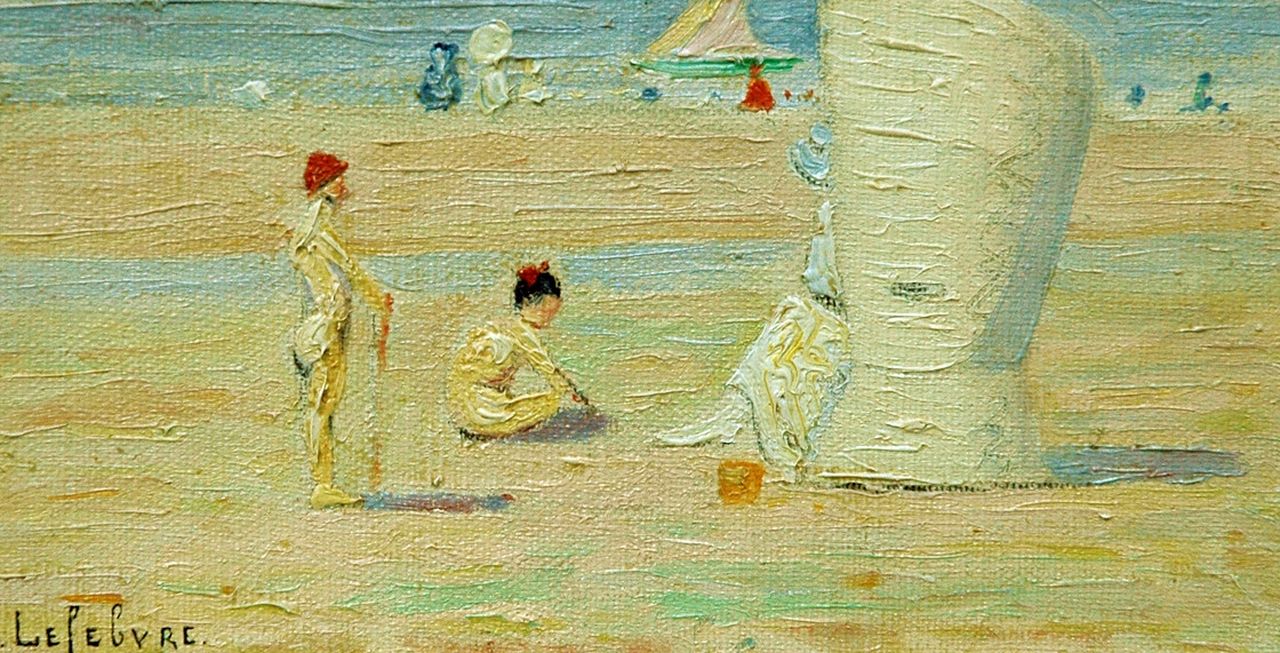 Lefebvre A.  | Albrecht 'Albert' Lefebvre, Zomerdag op het strand van Noordwijk, olieverf op doek op board 10,0 x 18,0 cm, gesigneerd linksonder