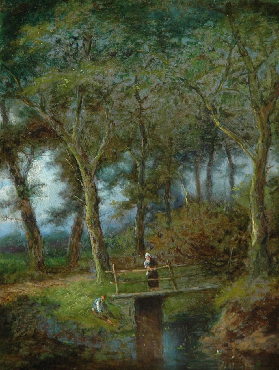 Morel II J.E.  | Jan Evert Morel II, Landvolk bij een brug in het bos, olieverf op paneel 20,2 x 15,5 cm, gesigneerd rechtsonder