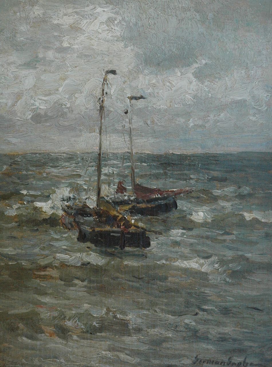 Grobe P.G.  | Philipp 'German' Grobe, Twee bomschuiten op zee, olieverf op doek op paneel 35,4 x 26,8 cm, gesigneerd rechtsonder