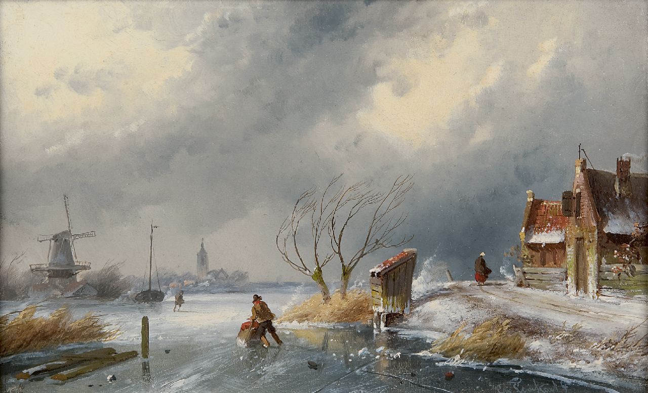 Leickert C.H.J.  | 'Charles' Henri Joseph Leickert, Winters landschap met schaatsers en duwslede, olieverf op paneel 16,2 x 26,2 cm, gesigneerd rechtsonder