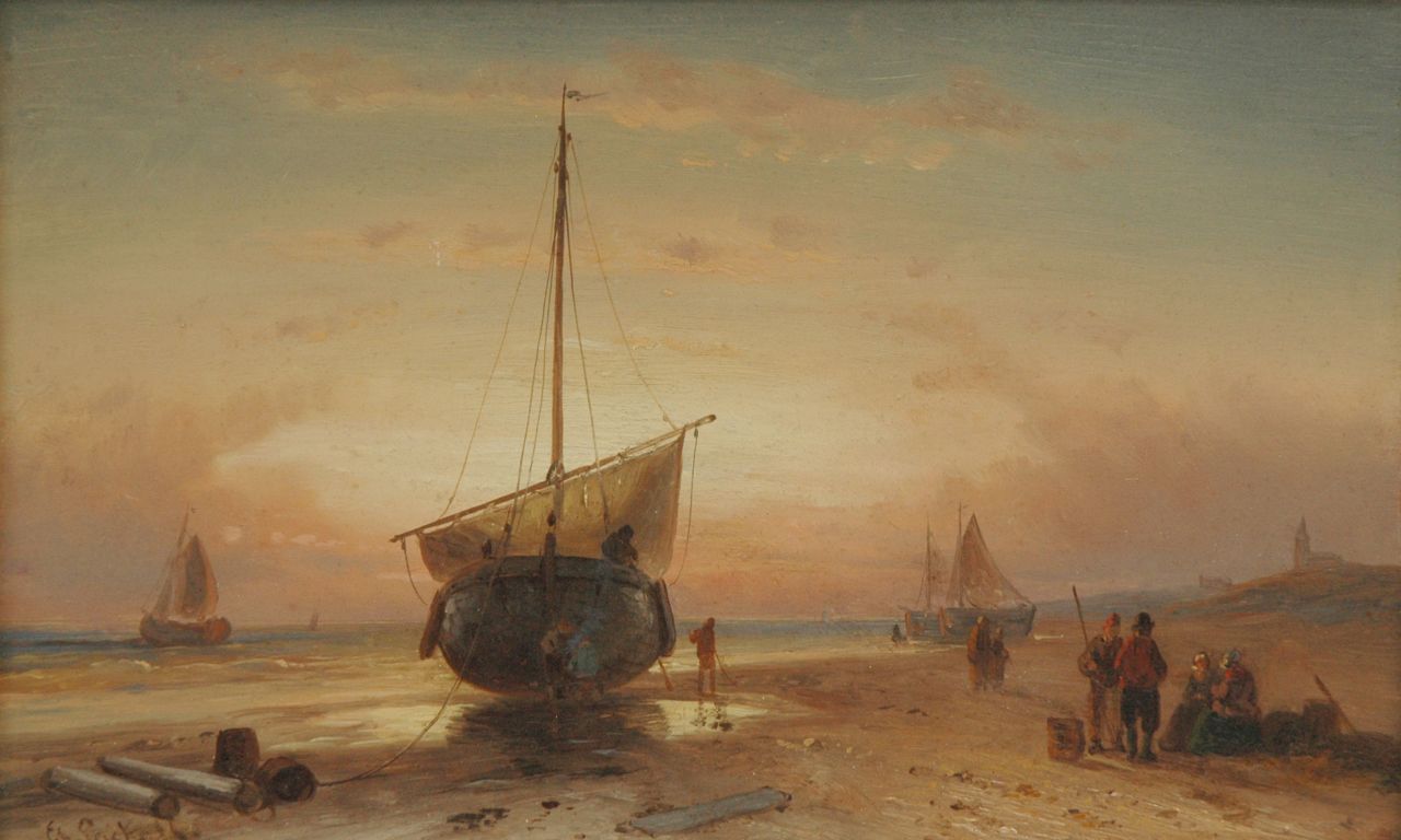 Leickert C.H.J.  | 'Charles' Henri Joseph Leickert, Bomschuit op het strand bij zonsondergang, olieverf op paneel 16,2 x 26,2 cm, gesigneerd linksonder