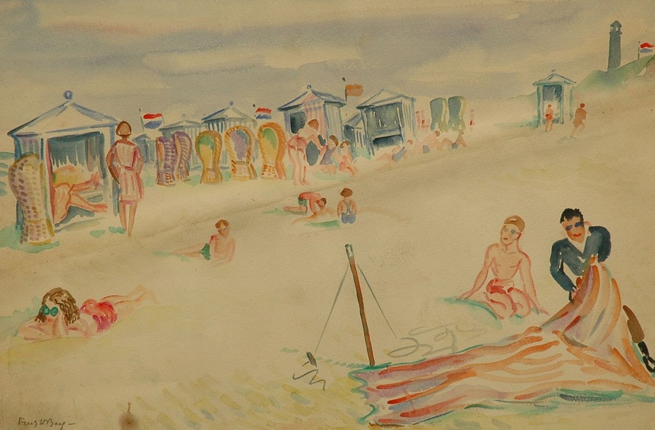 Berg J.F.  | 'Joan' Frans Berg, Zonnebaders op het strand, aquarel op papier 38,3 x 55,6 cm, gesigneerd linksonder en te dateren eind jaren 40