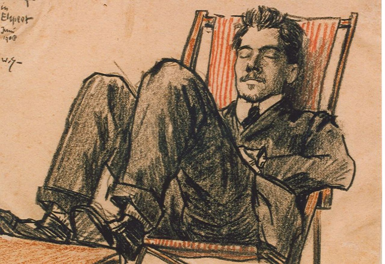 Sluiter J.W.  | Jan Willem 'Willy' Sluiter, C. van Wijk op een ligstoel in Elspeet, krijt op papier 13,5 x 19,0 cm, gesigneerd rechtsonder monogram en gedateerd 1908