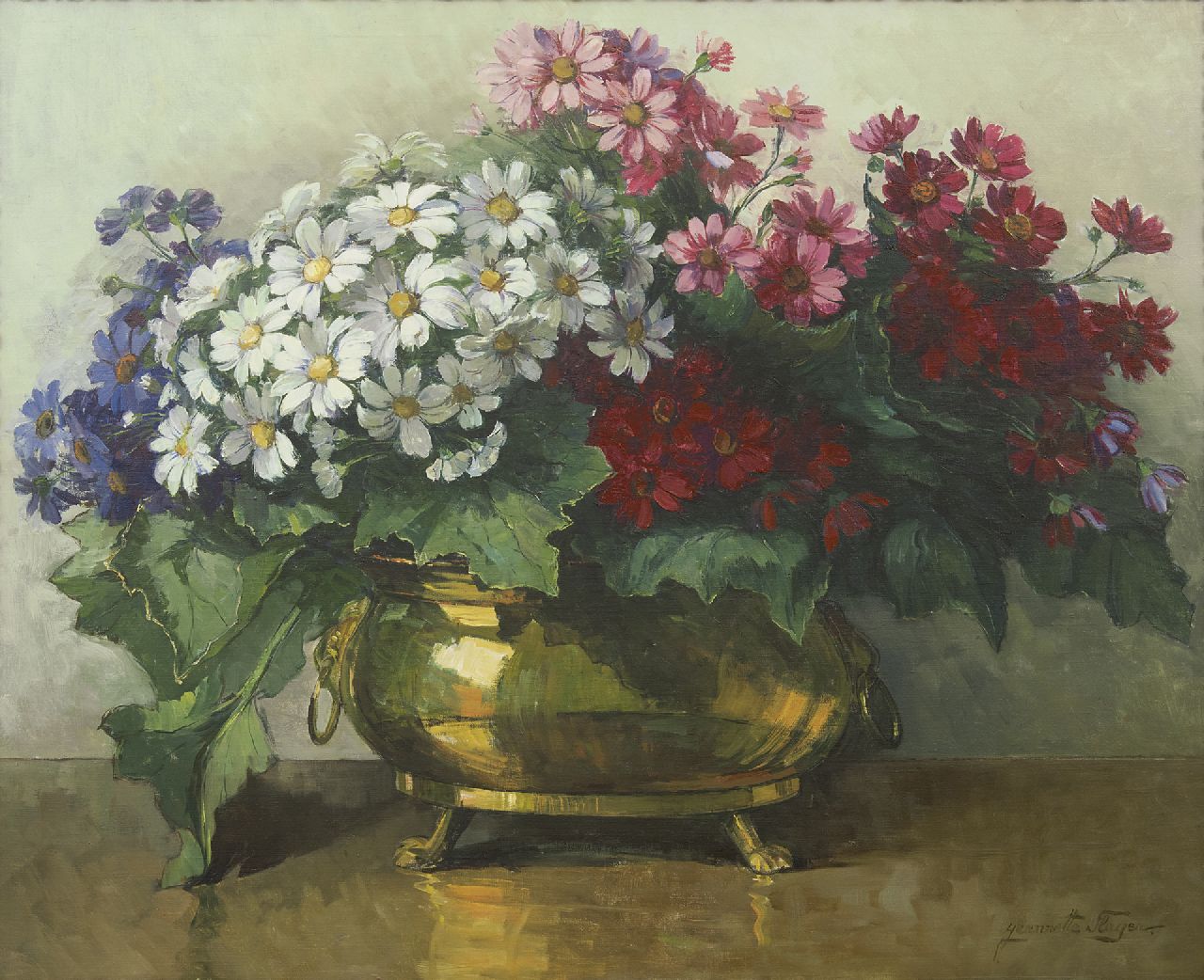 Slager J.J.M.  | 'Jeanette' Josephia Maria Slager, Cineraria's in koperen pot, olieverf op doek 80,8 x 100,6 cm, gesigneerd rechtsonder