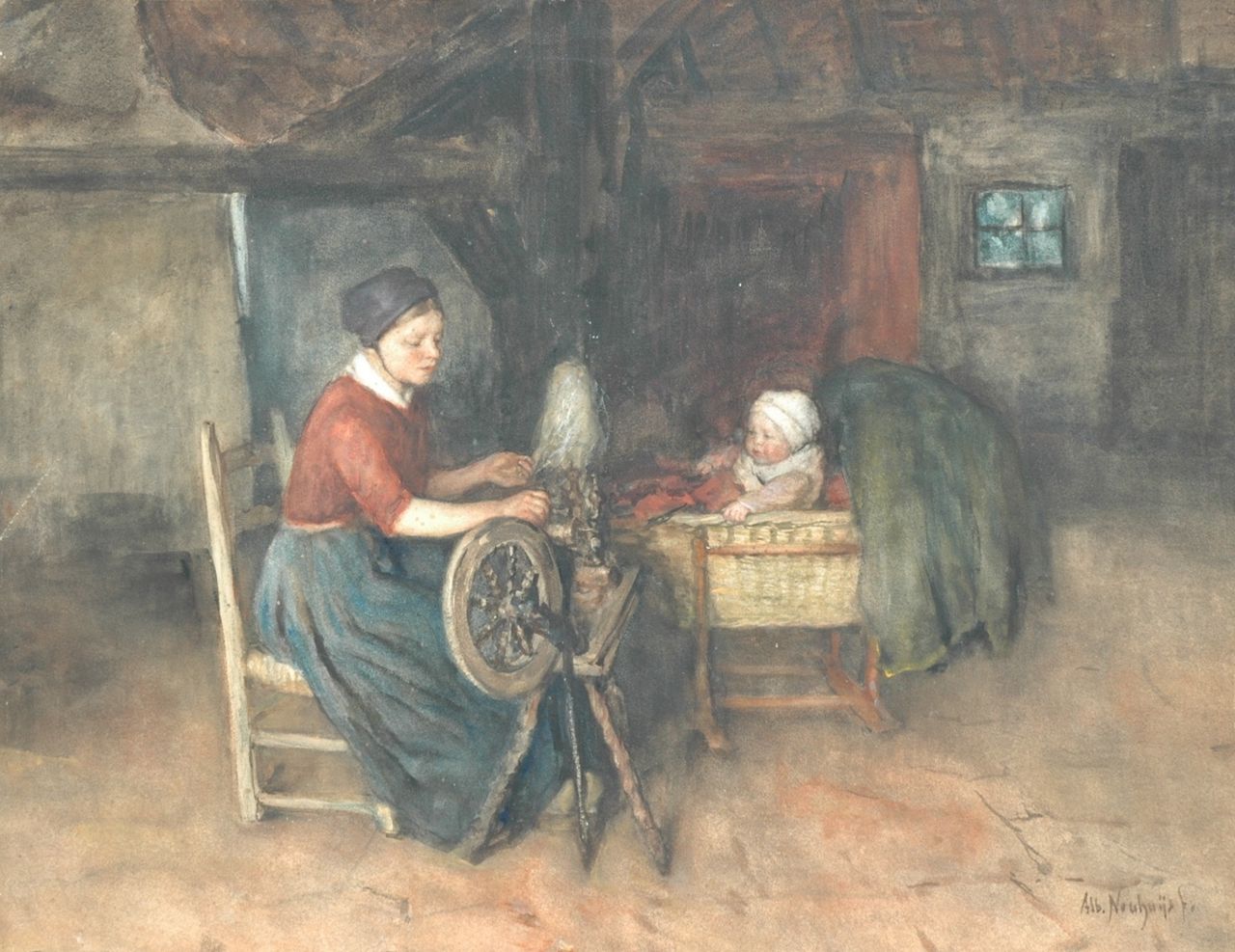 Neuhuys J.A.  | Johannes 'Albert' Neuhuys, Jonge boerenvrouw aan het spinnewiel met baby in wiegje, aquarel op papier op board 52,3 x 67,5 cm, gesigneerd rechtsonder