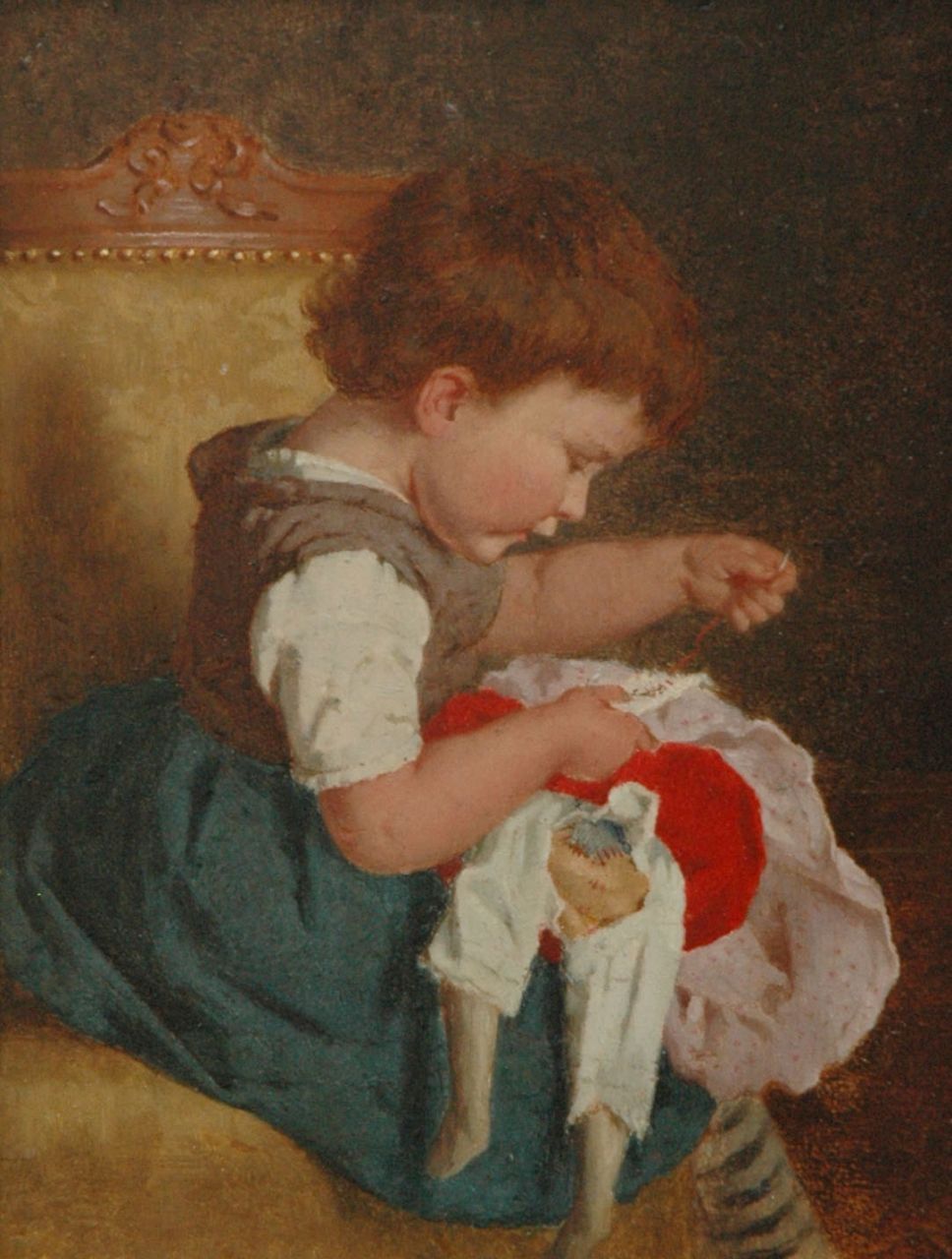 Bregenzer G.  | Gustave Bregenzer, Het zorgzame poppenmoedertje, olieverf op paneel 21,0 x 15,9 cm, gesigneerd rechtsonder