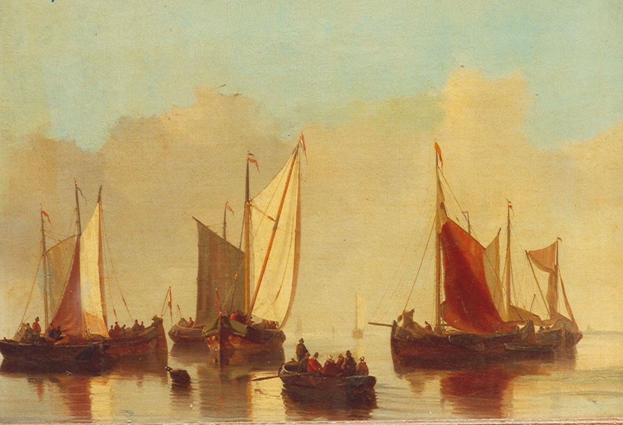 Gruijter J.W.  | Jacob Willem Gruijter, Zeilschepen op het IJ te Amsterdam, olieverf op paneel 31,0 x 46,7 cm, gesigneerd rechtsonder