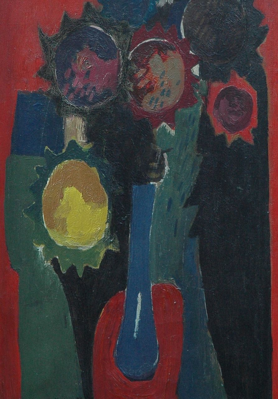 Meijer J.  | Jan Meijer, Bloemen in een hoge vaas, olieverf op doek 65,5 x 45,3 cm, gesigneerd linksonder en gedateerd '55