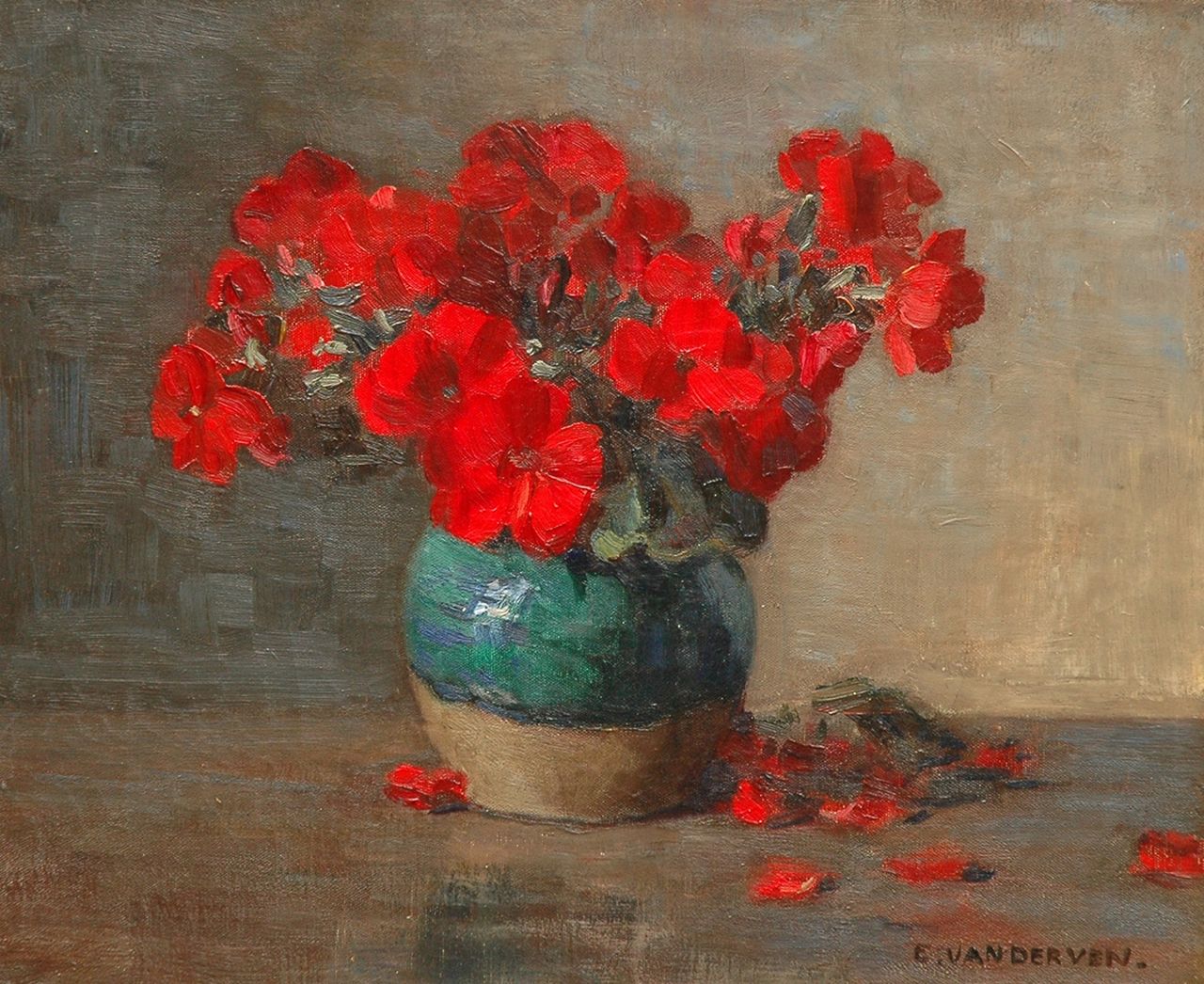 Ven E.E.G. van der | Emanuel Ernest Gerardus 'Manus' van der Ven, Rode bloemen in gemberpot, olieverf op doek 29,5 x 35,5 cm, gesigneerd rechtsonder