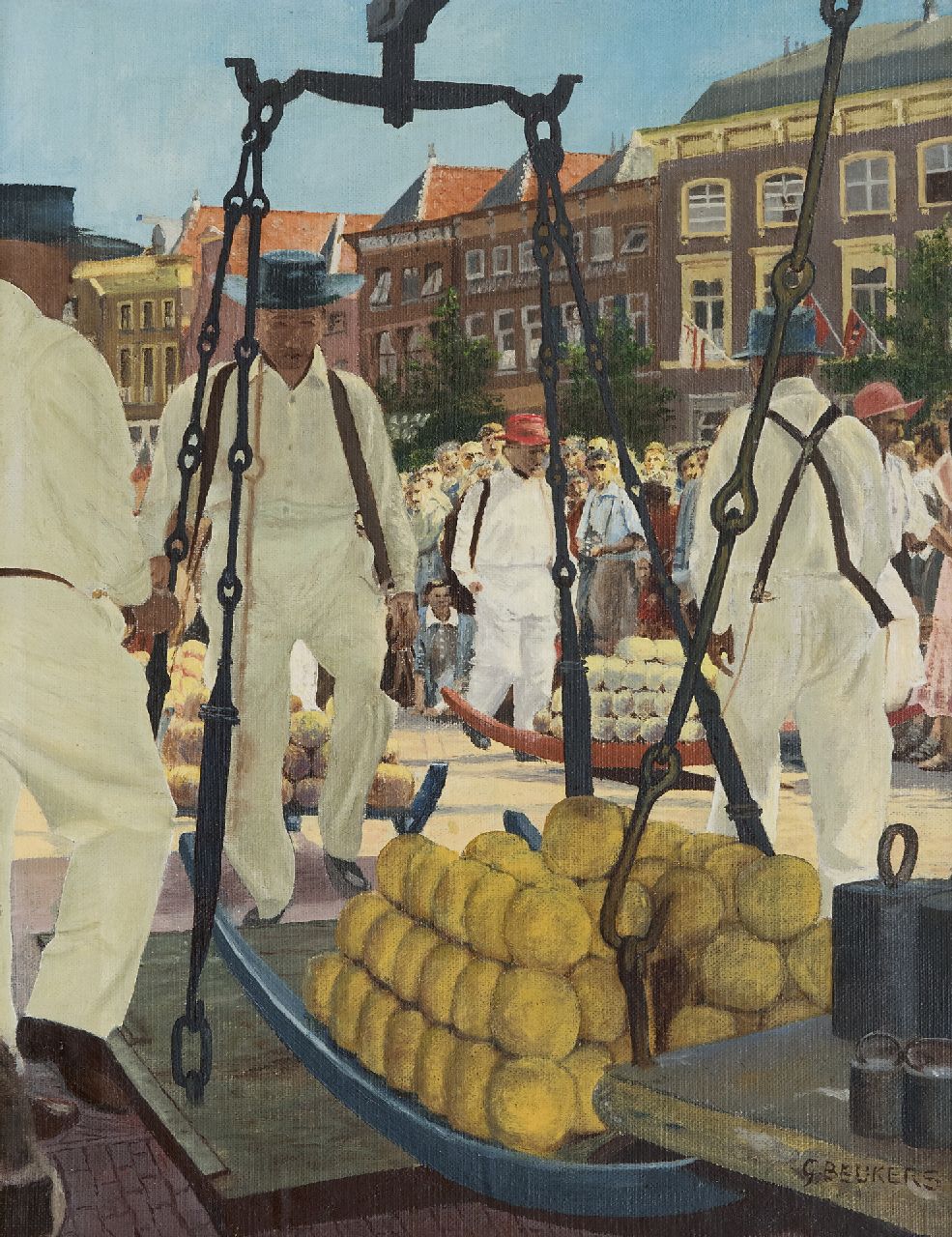 Beukers G.  | Beukers, Kaasdragers in Alkmaar, olieverf op doek op paneel 39,2 x 30,4 cm, gesigneerd rechtsonder