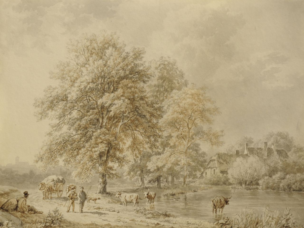 Koekkoek B.C.  | Barend Cornelis Koekkoek, Reizigers en herder met vee op bebost pad langs een beek, gewassen pen op papier 16,4 x 22,0 cm, gesigneerd linksonder en gedateerd 1837