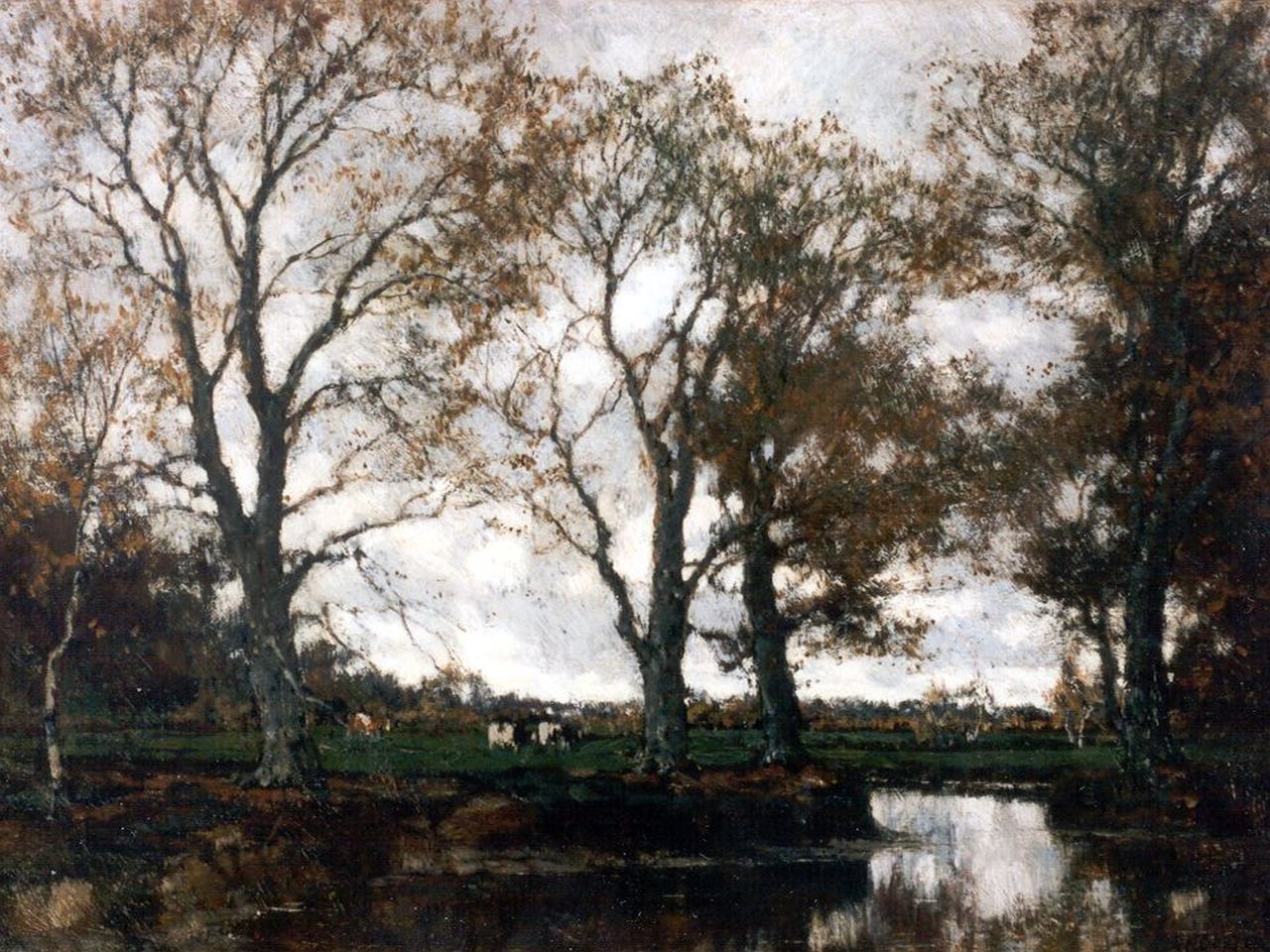 Gorter A.M.  | 'Arnold' Marc Gorter, Herfststemming in een bos met een beekje en koei, olieverf op doek 37,0 x 49,0 cm