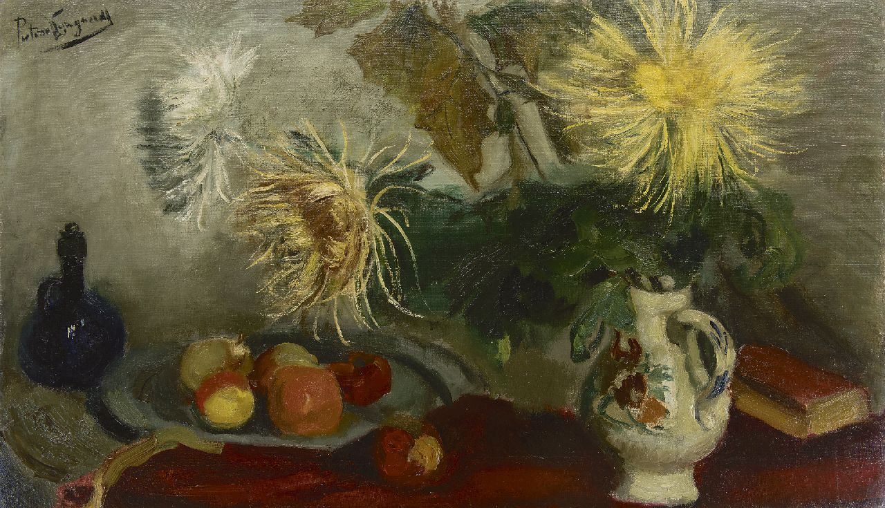 Wijngaerdt P.T. van | Petrus Theodorus 'Piet' van Wijngaerdt | Schilderijen te koop aangeboden | Chrysanten en vruchten, olieverf op doek 70,0 x 119,9 cm, gesigneerd linksboven en verso