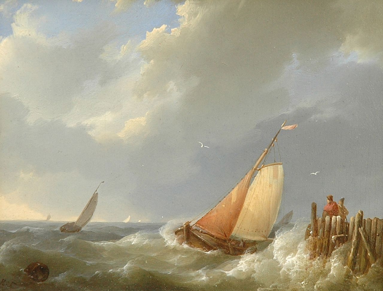 Koekkoek H.  | Hermanus Koekkoek, Laverende schepen bij een havenhoofd, olieverf op paneel 11,9 x 14,7 cm, gesigneerd linksonder met initialen