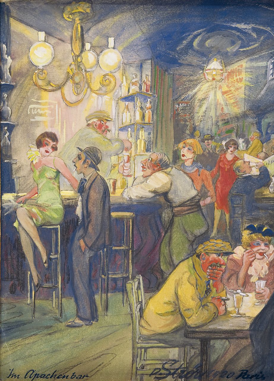 Strör P.  | Paul Strör, In de Apachenbar, Parijs, gouache en olie op papier 36,8 x 26,9 cm, gesigneerd rechtsonder en gedateerd '1920 Paris'