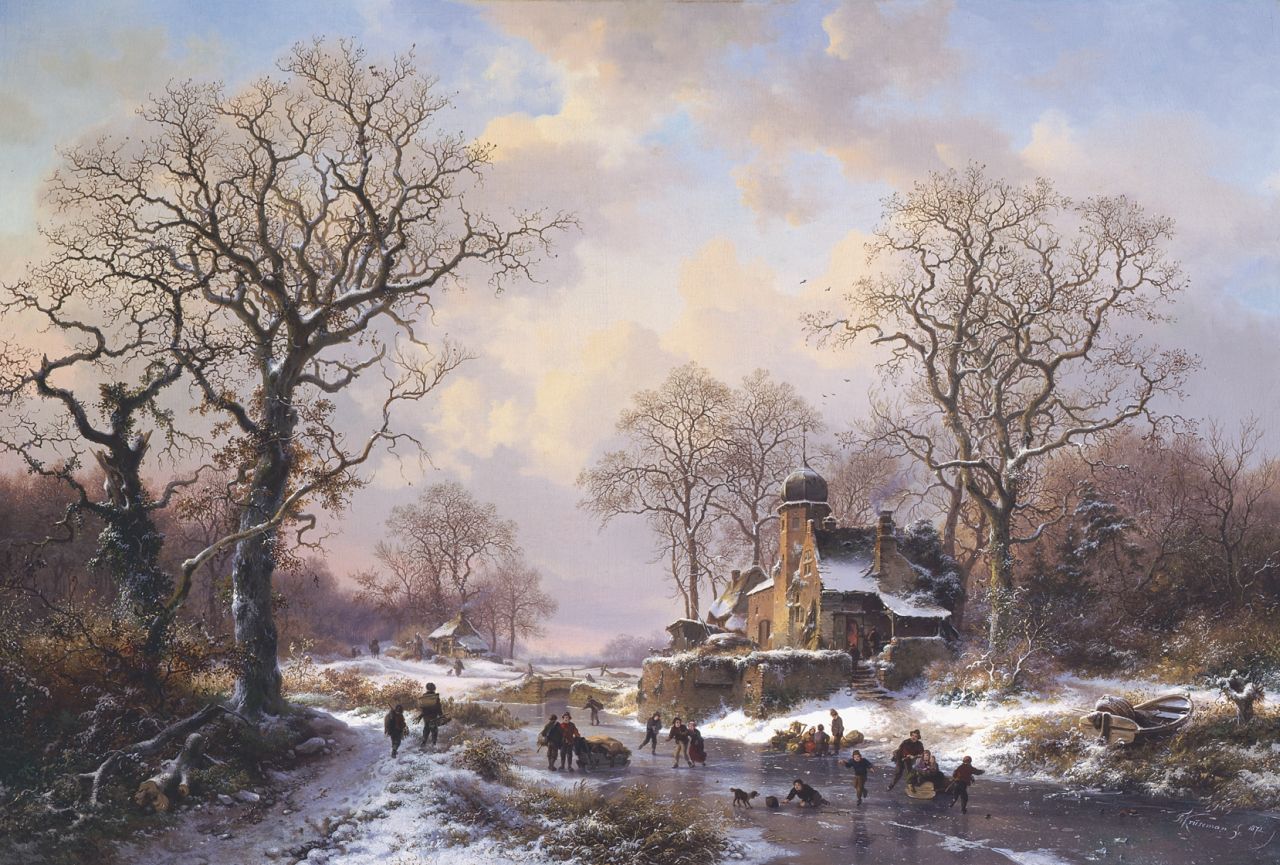 Kruseman F.M. | Frederik Marinus Kruseman, Winterlandschap met schaatsvertier bij een kasteel, olieverf op doek 64,5 x 94,5 cm, gesigneerd rechtsonder en gedateerd 1871 Kruseman F.M. | Frederik Marinus Kruseman, Winterlandschap met schaatsvertier bij een kasteel, olieverf op doek 64,5 x 94,5 cm, gesigneerd rechtsonder en gedateerd 1871