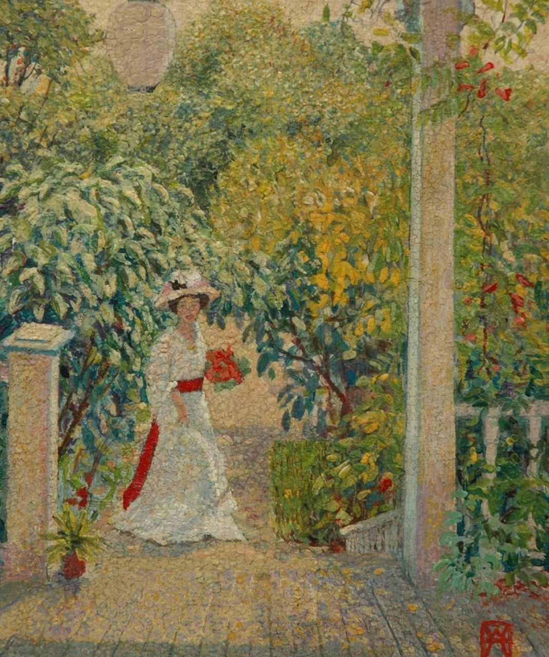 Ames W.  | Wally Ames, Vrouw in witte jurk in de tuin, olieverf op board 22,4 x 18,6 cm, gesigneerd rechtsonder met monogram