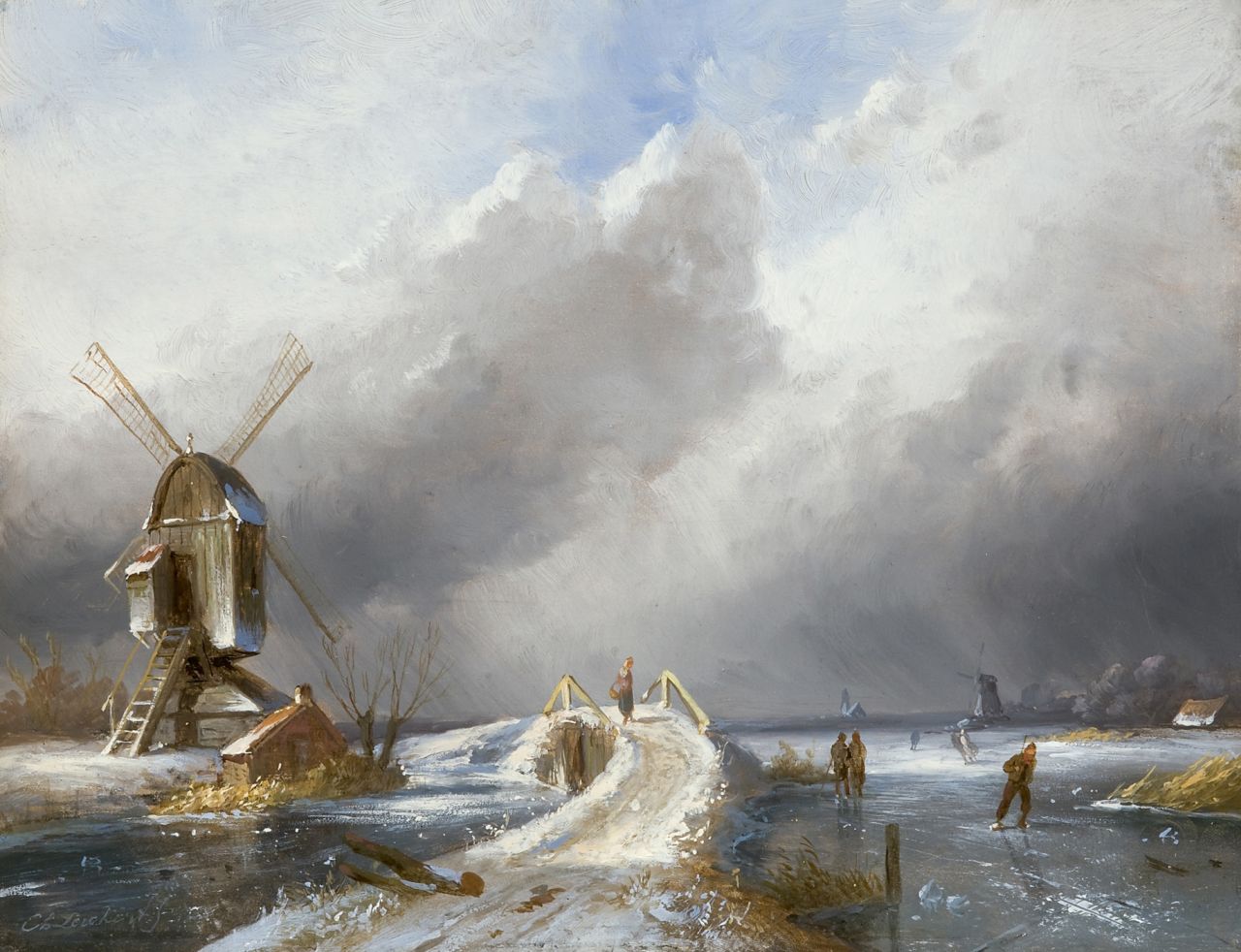 Leickert C.H.J.  | 'Charles' Henri Joseph Leickert, IJsgezicht bij naderende sneeuwstorm, olieverf op paneel 20,8 x 27,0 cm, gesigneerd linksonder