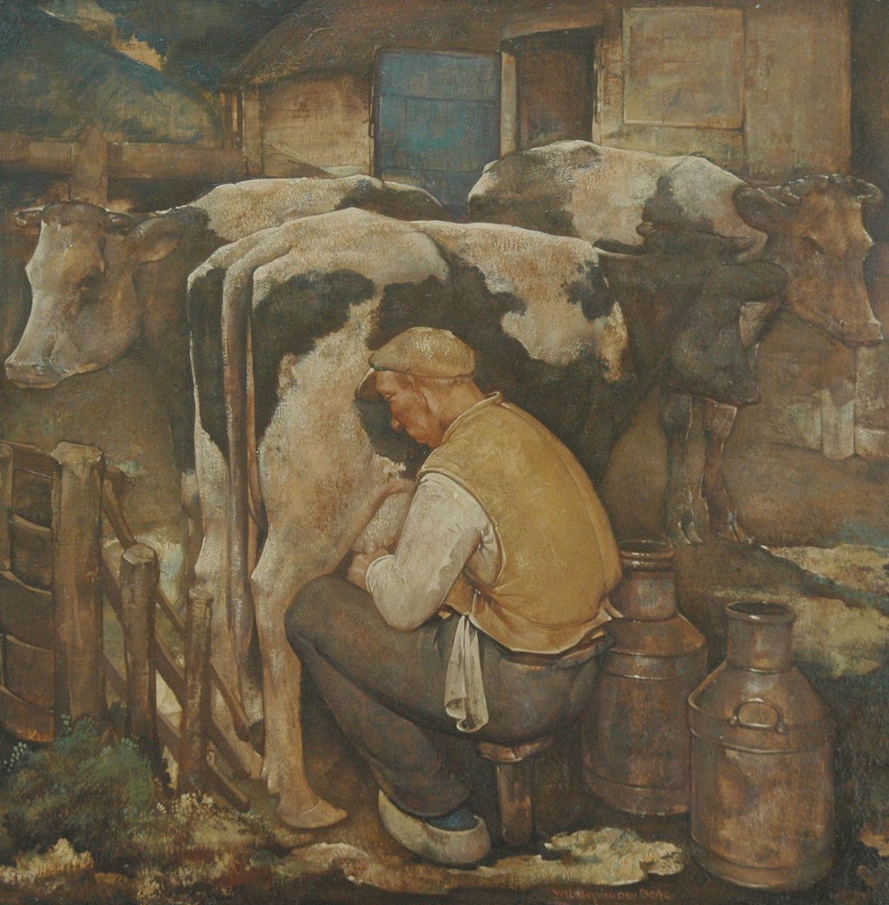Berg W.H. van den | 'Willem' Hendrik van den Berg, Melkende boer, olieverf op paneel 39,9 x 39,9 cm, gesigneerd rechts van het midden.