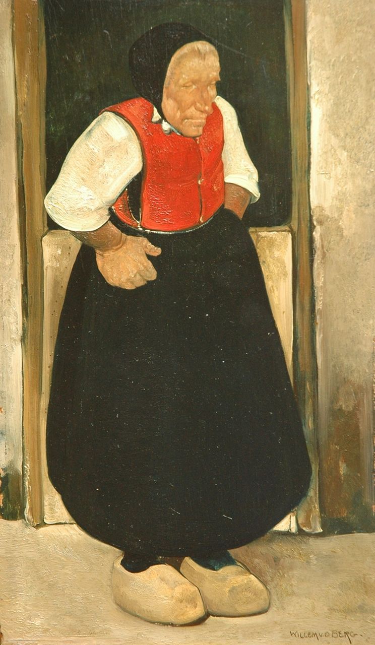 Berg W.H. van den | 'Willem' Hendrik van den Berg, Overijsselse boerin, olieverf op paneel 30,6 x 17,9 cm, gesigneerd rechtsonder en verso