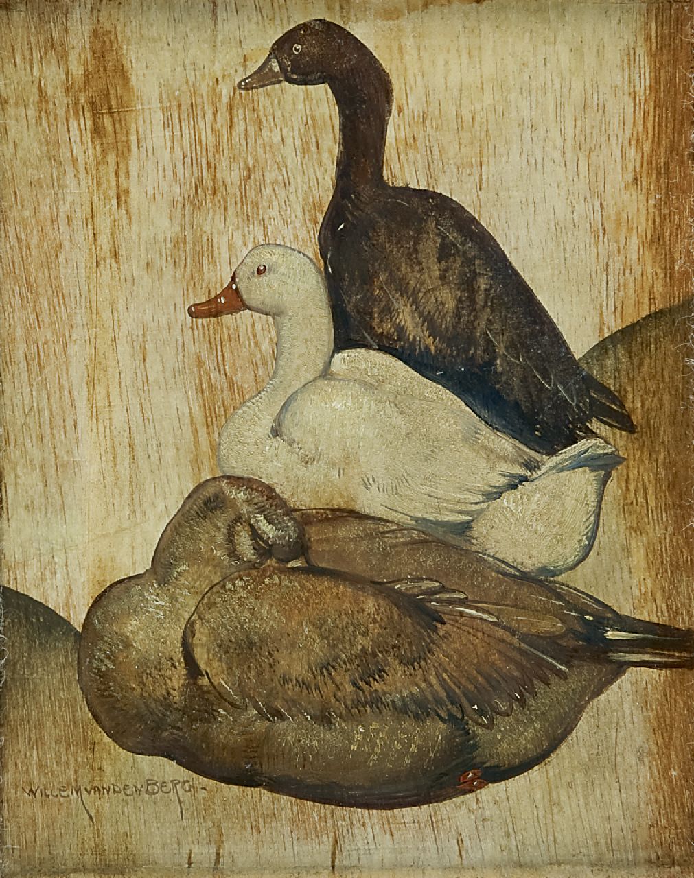 Berg W.H. van den | 'Willem' Hendrik van den Berg, Ganzen, olieverf op paneel 17,4 x 14,1 cm, gesigneerd linksonder en verso