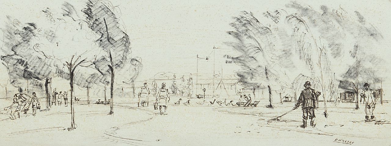 Noltee B.C.  | Bernardus Cornelis 'Cor' Noltee | Aquarellen en tekeningen te koop aangeboden | Stadsplantsoen, tekening op papier 11,4 x 30,5 cm, gesigneerd rechtsonder