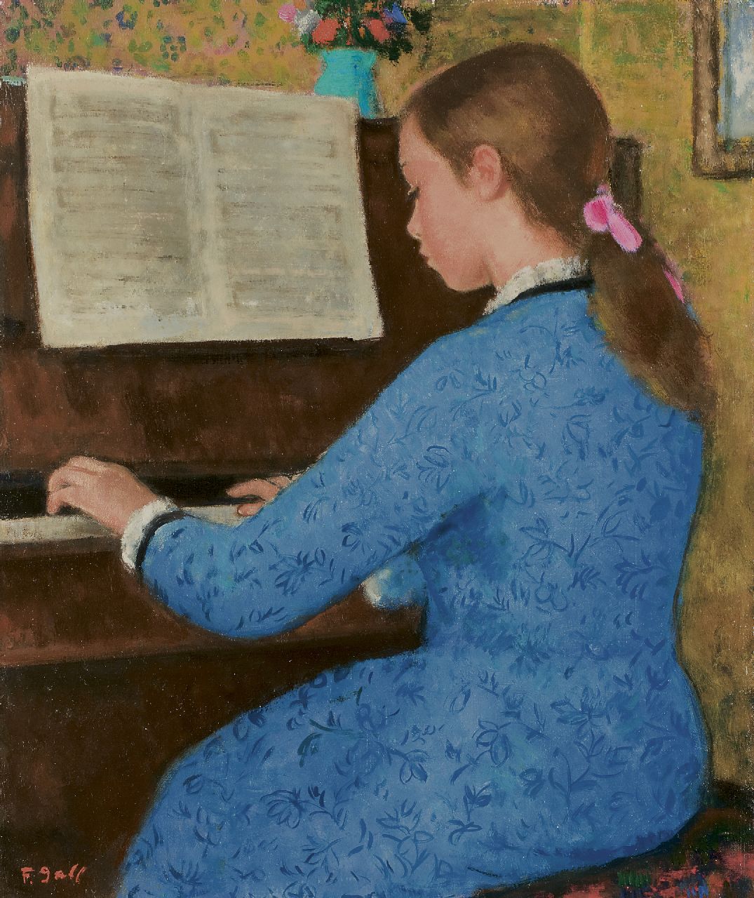 Gall F.  | Ferenç 'François' Gall | Schilderijen te koop aangeboden | Elizabeth-Anne Gall achter de piano, olieverf op doek 46,1 x 38,2 cm, gesigneerd linksonder