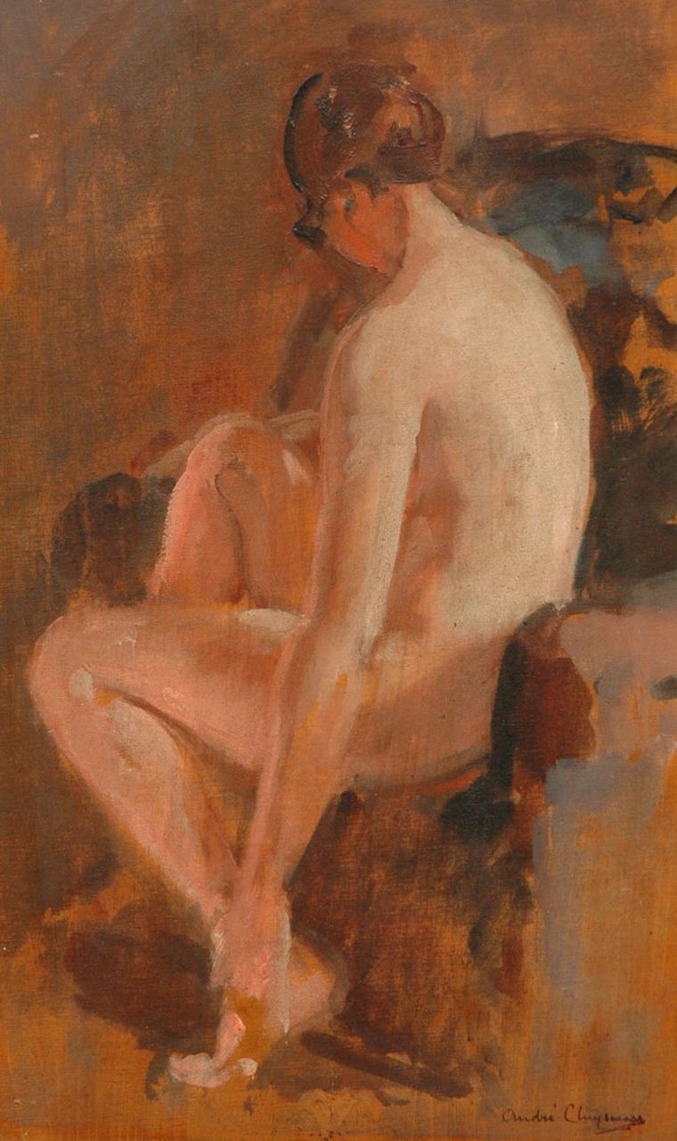 Cluysenaar A.E.A.  | 'André' Edmond Alfred Cluysenaar, Zittend naakt, op de rug gezien, olieverf op paneel 43,4 x 26,4 cm, gesigneerd rechtsonder