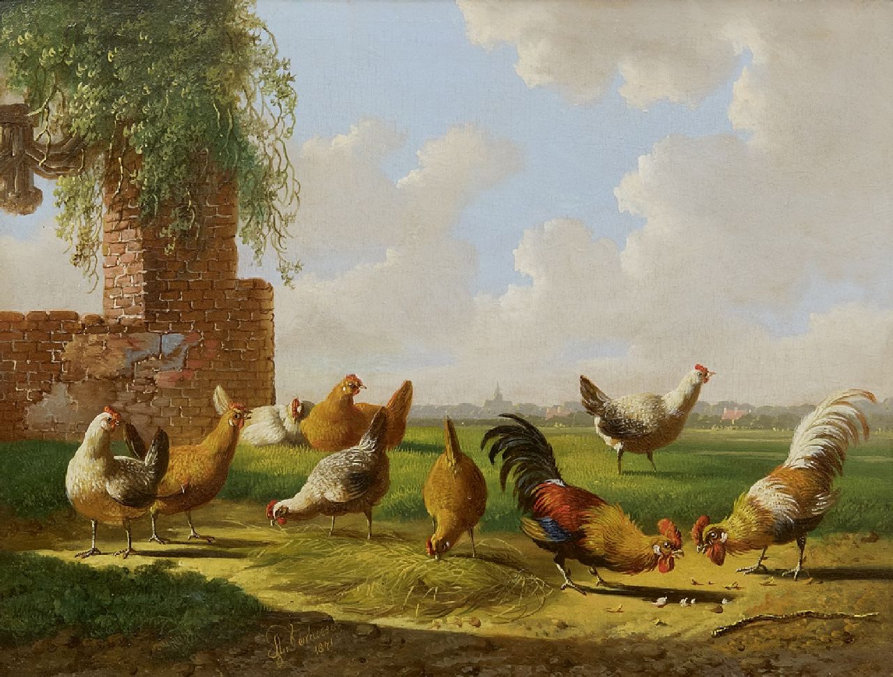 Verhoesen A.  | Albertus Verhoesen, Het hanengevecht, olieverf op paneel 17,9 x 23,6 cm, gesigneerd middenonder en gedateerd 1871
