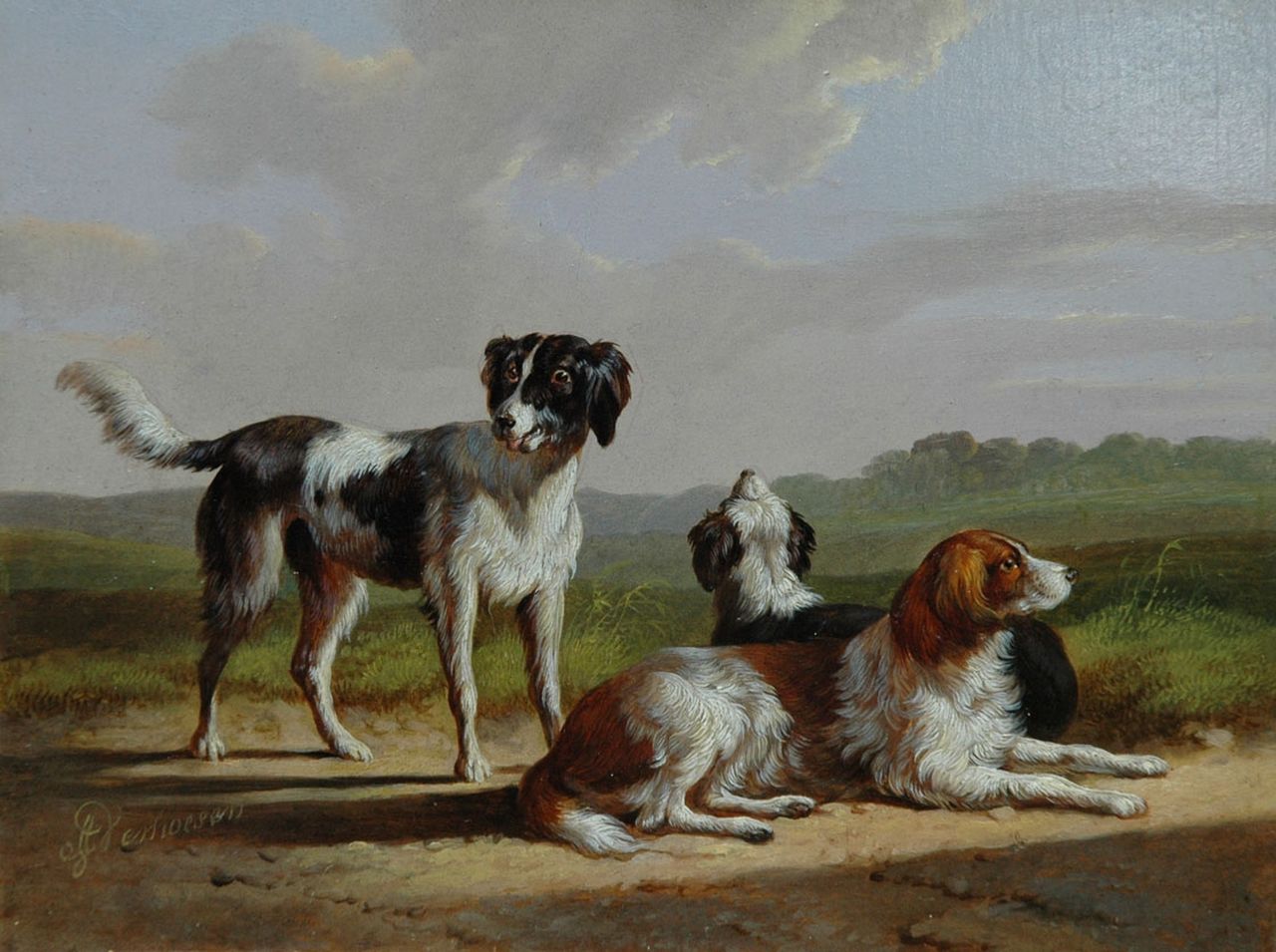 Verhoesen A.  | Albertus Verhoesen, Drie setters in een landschap, olieverf op paneel 13,3 x 17,5 cm, gesigneerd linksonder