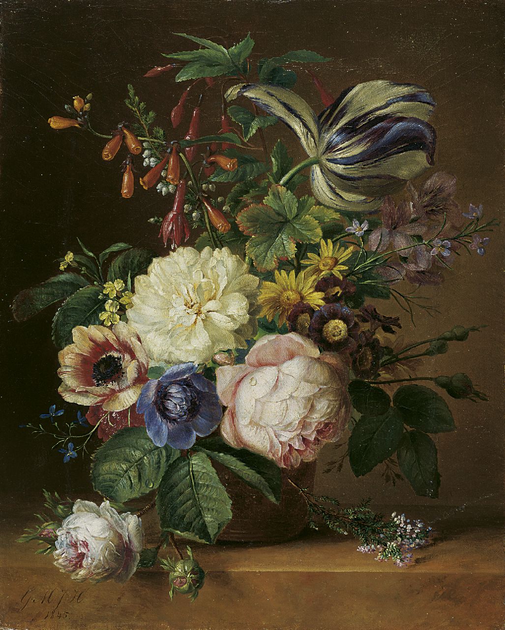 Huidekoper G.M.J.  | Geertruida Margaretha Jacoba Huidekoper, Pronkstilleven met rozen, tulpen en anemonen, olieverf op doek 37,5 x 30,5 cm, gesigneerd linksonder met initialen en gedateerd 1845