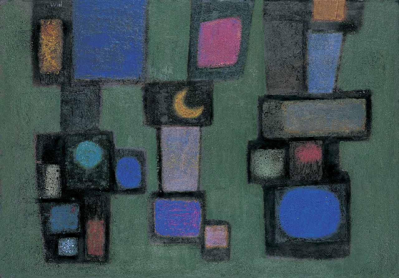 Leewens W.J.  | Willibrordus Joseph 'Will' Leewens, Abstracte compositie, olieverf op schildersboard 47,0 x 67,2 cm, gesigneerd linksboven