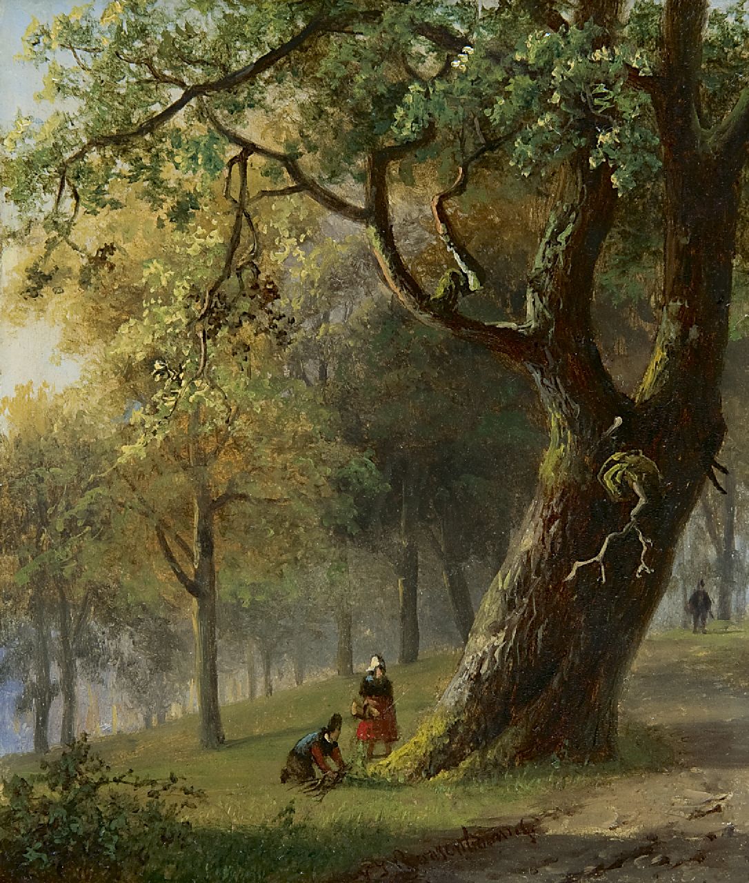 Roosenboom N.J.  | Nicolaas Johannes Roosenboom, Landvolk in een boslandschap, olieverf op paneel 15,4 x 13,0 cm, gesigneerd middenonder