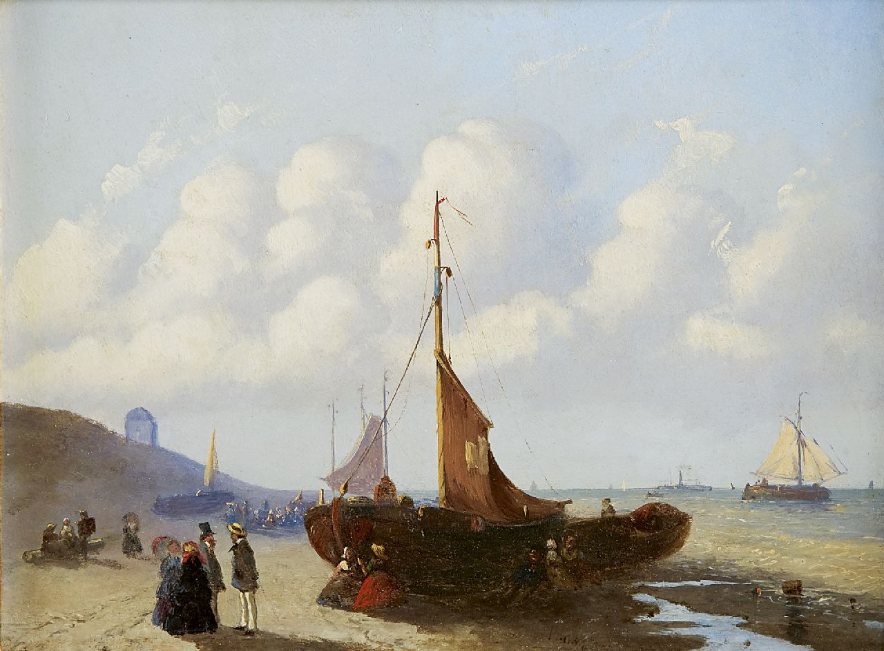 Bles J.  | Joseph Bles, Vissers en mondaine wandelaars op het strand van Scheveningen, olieverf op paneel 19,2 x 26,0 cm, gesigneerd rechts van het midden.