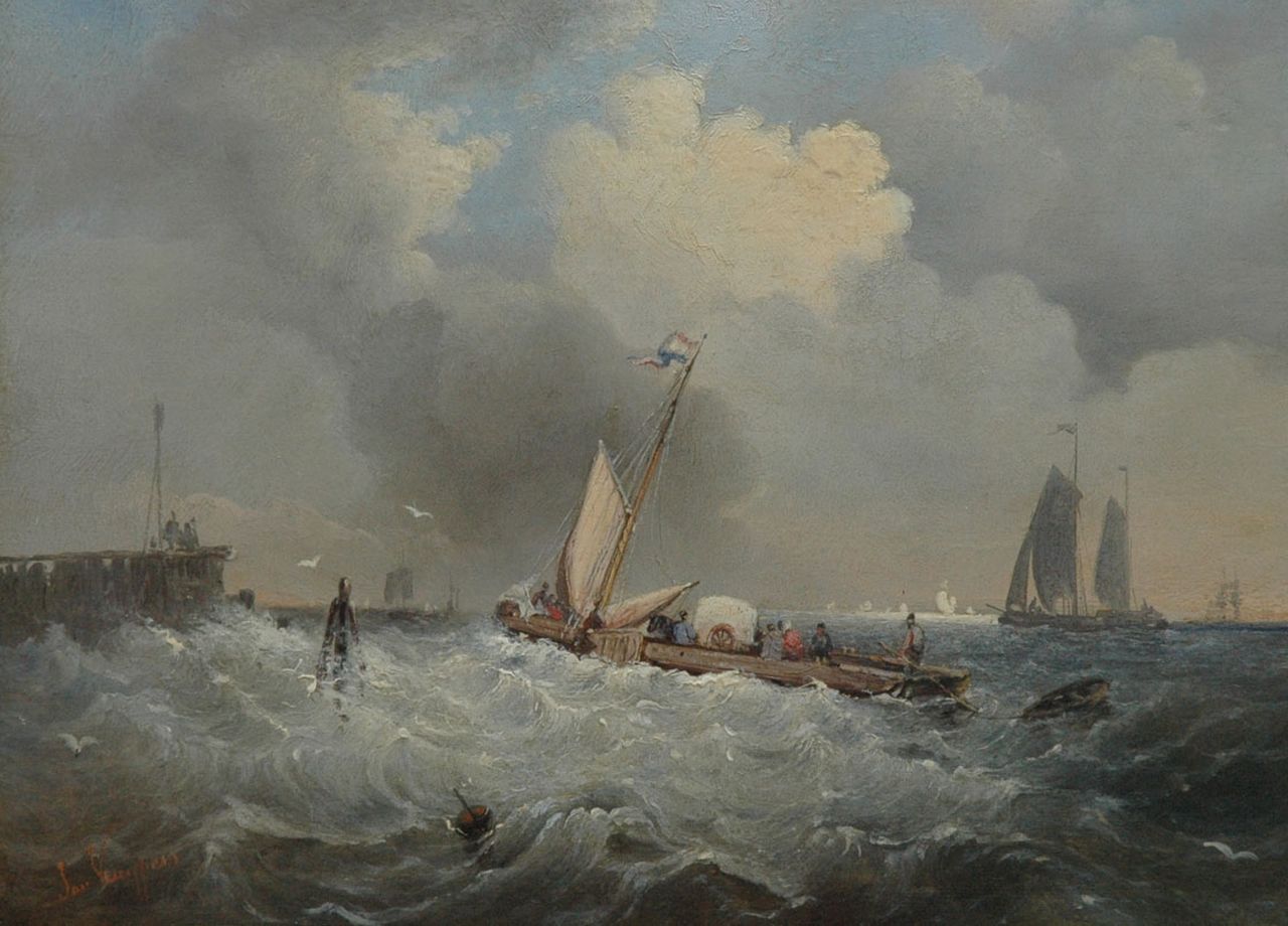 Jan Kuijpers | Zeilend veer op wild water, olieverf op paneel, 19,2 x 26,0 cm, gesigneerd l.o. en te dateren ca. 1860