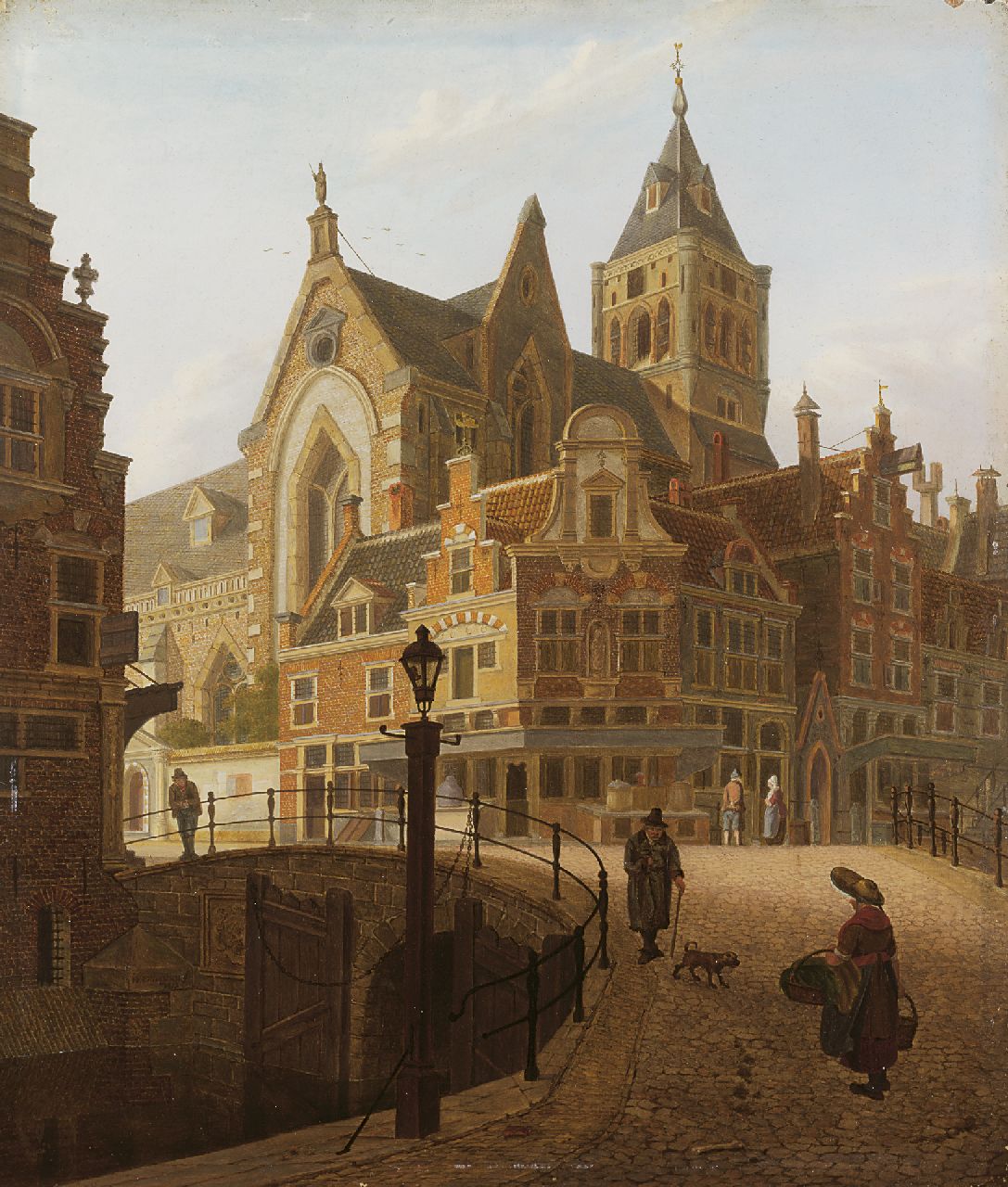 Verheijen J.H.  | Jan Hendrik Verheijen, Stadsgezicht met wandelaars op een brug, olieverf op paneel 24,2 x 20,9 cm, gesigneerd linksonder en gedateerd 1813