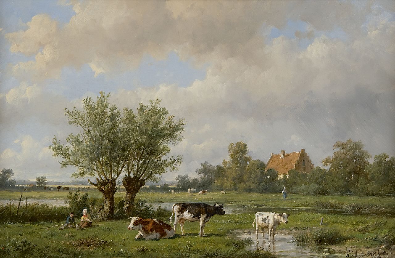 Wijngaerdt A.J. van | Anthonie Jacobus van Wijngaerdt, Weidelandschap met koeherders en vee, olieverf op paneel 23,6 x 36,6 cm, gesigneerd rechtsonder